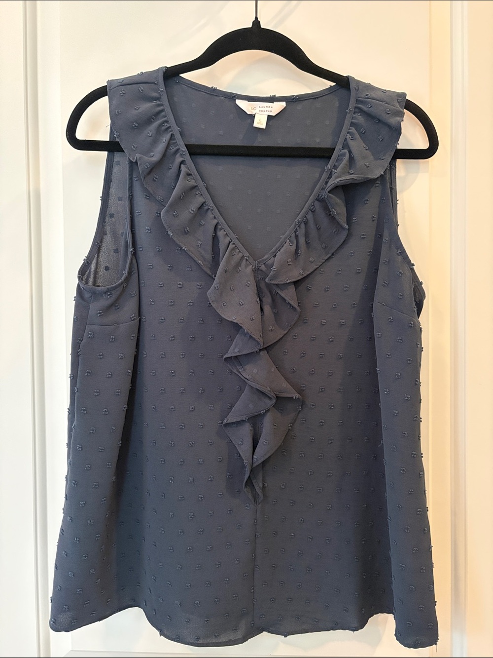 Lauren Conrad ClipDot Ruffle V-Neck Sleeveless Top - Navy Blue